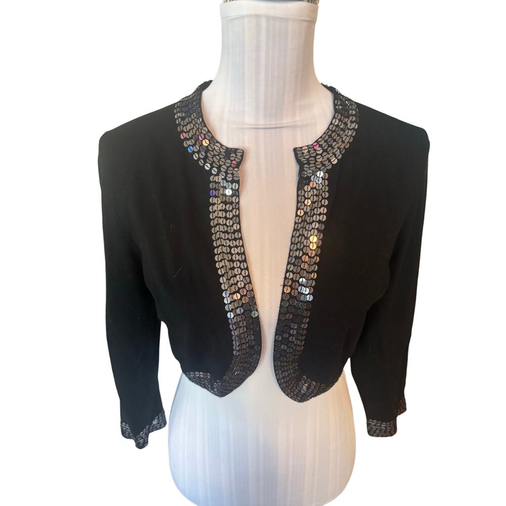 U-Knit Black Cropped Open Cardigan Sequin Trim Size M